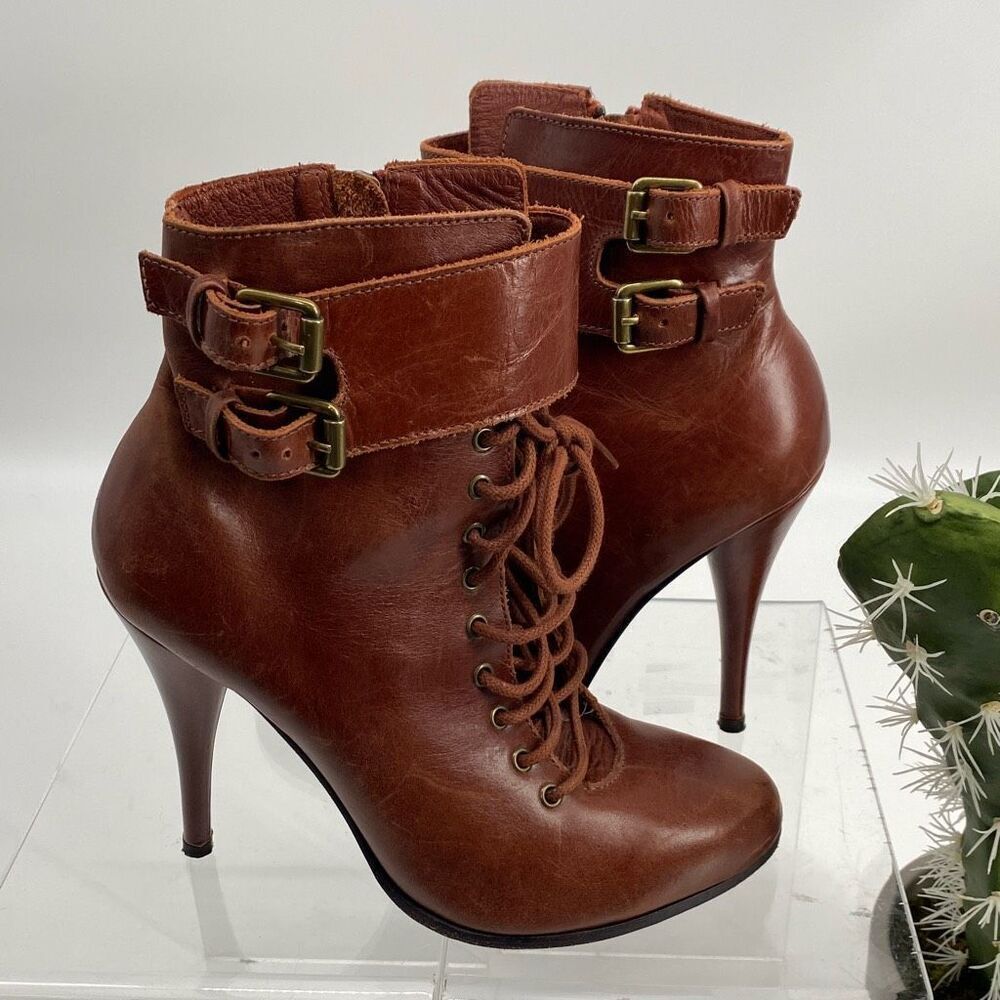 Joie‎ stiletto spike heel leather lace up combat granny booties Size 8